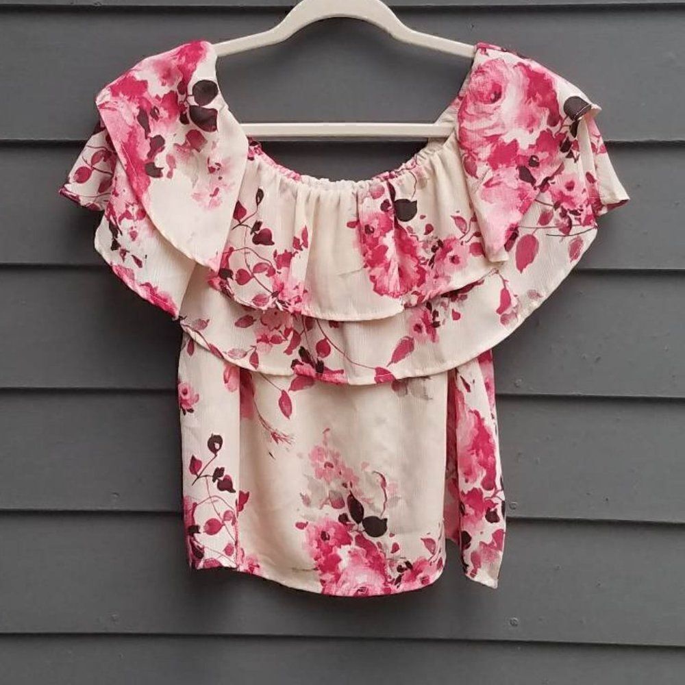 Oddy Tan Pink Red Floral Off the Shoulder Ruffle Top Size Large